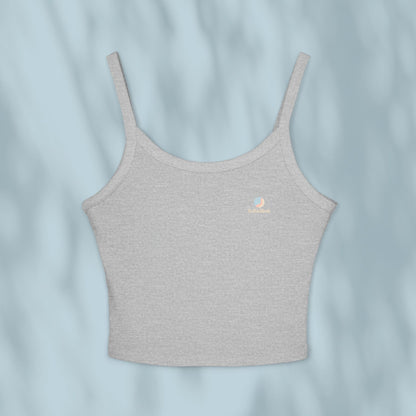 Gray tank top with a brand logo on a light blue background