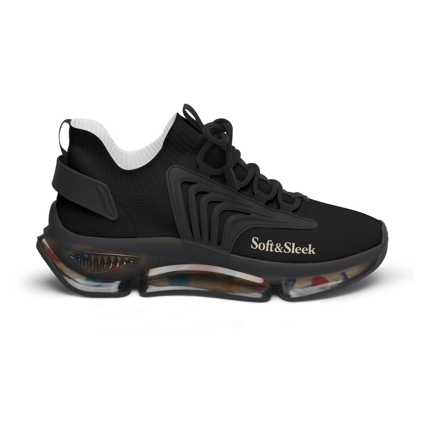 Outer side view of black Soft & Sleek trainer with sleek panel design and branding.