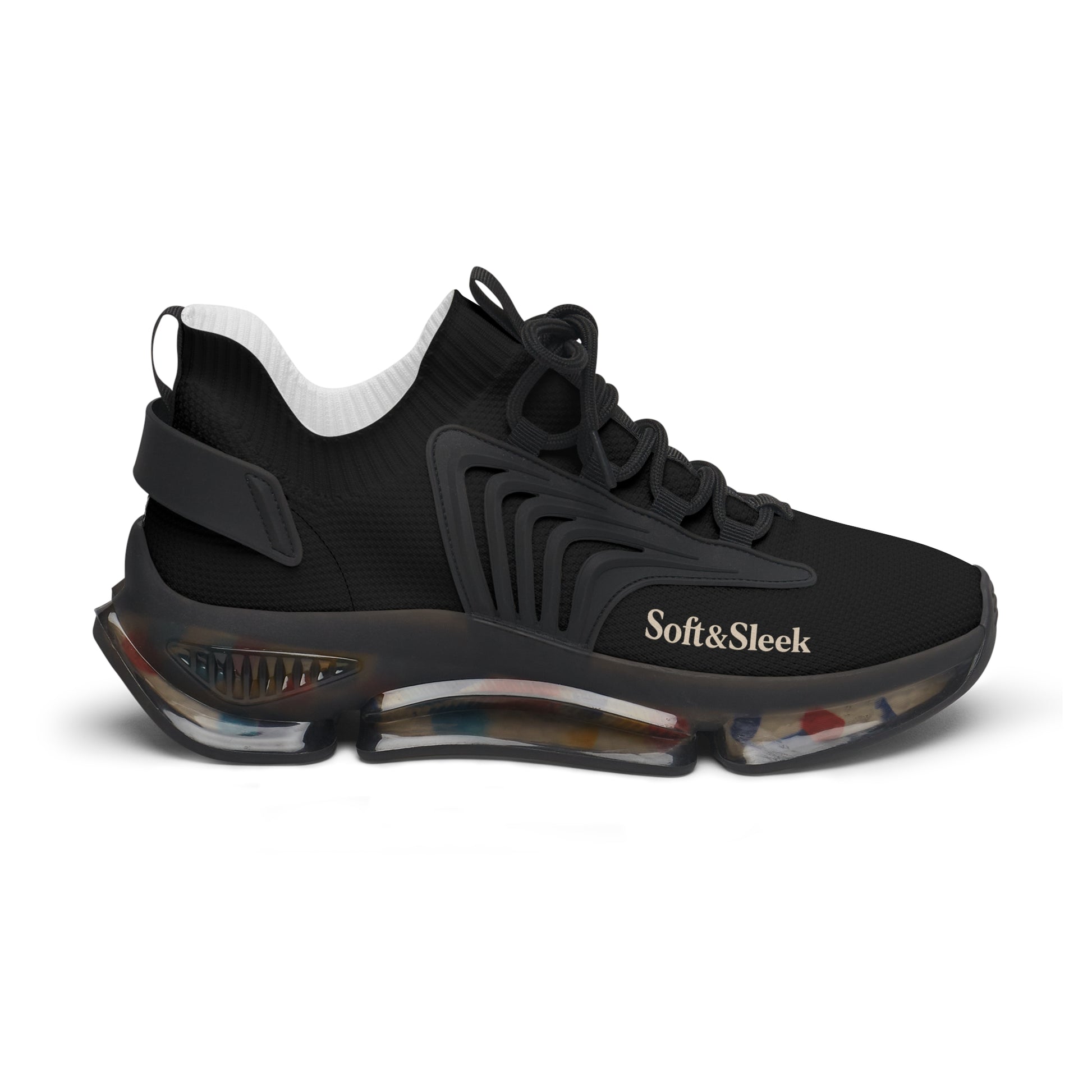 Outer side view of black Soft & Sleek trainer with sleek panel design and branding.