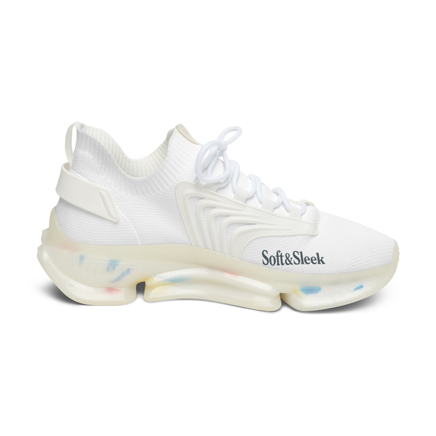 White sneaker with 'Soft & Sleek' text on a white background