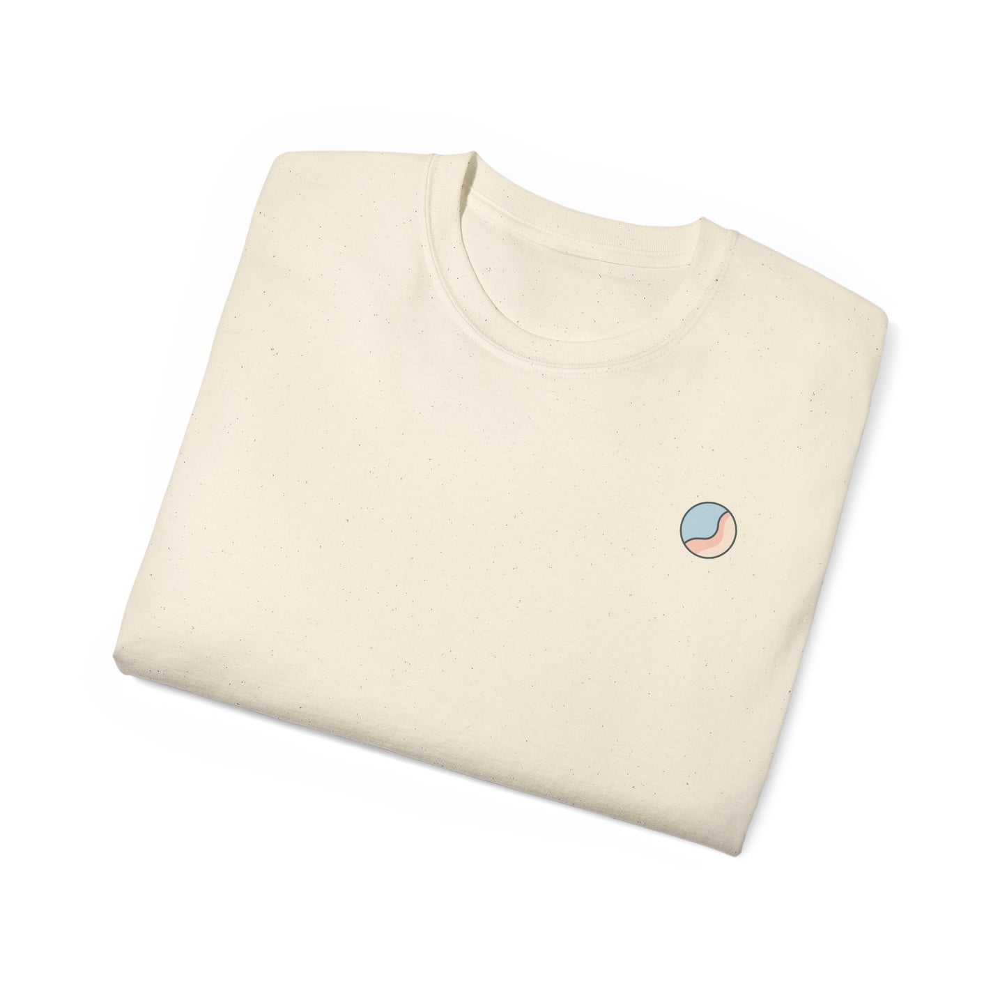 Folded cream-colored sweatshirt with a small logo on a white background