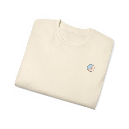 Folded cream-colored sweatshirt with a small logo on a white background
