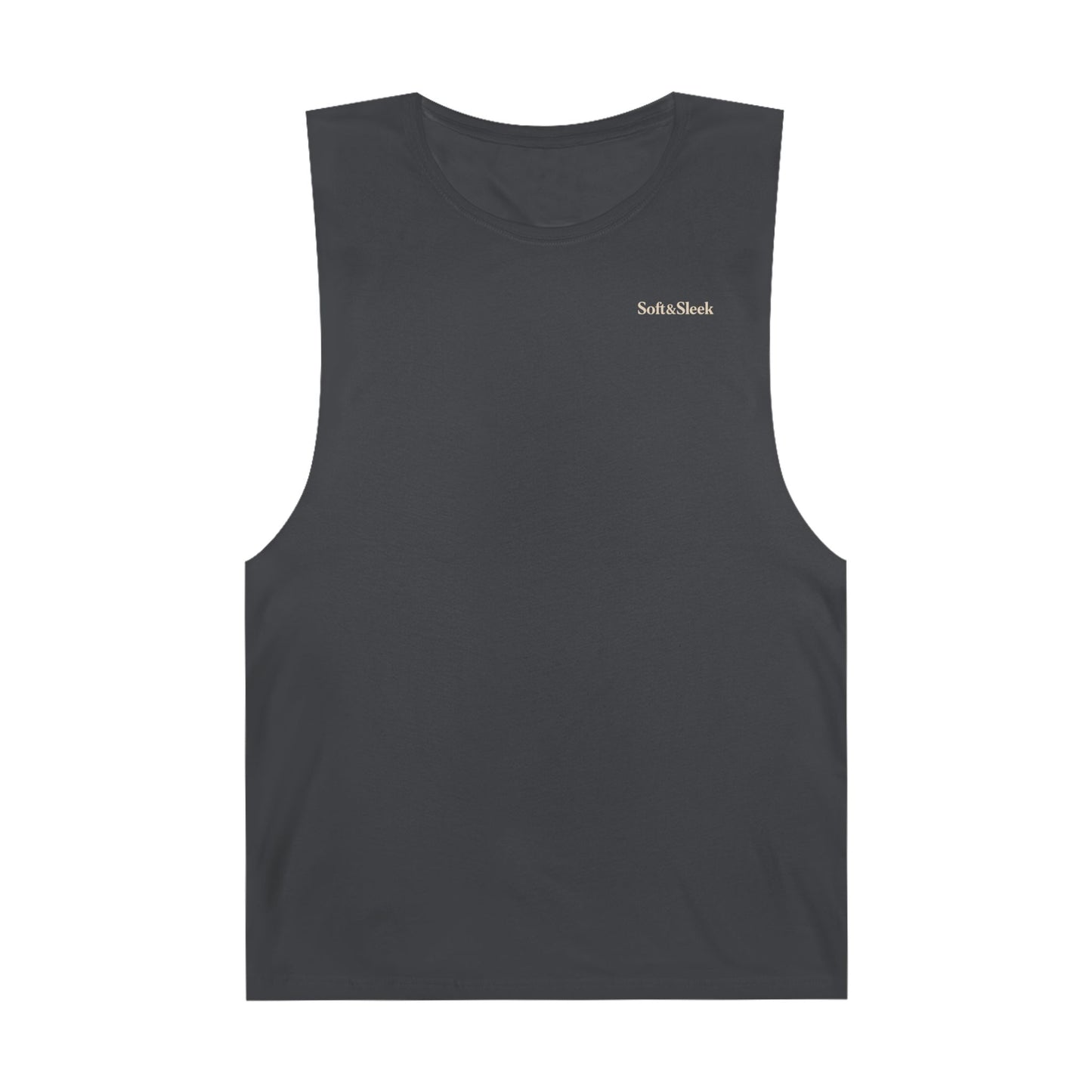 Black sleeveless shirt with a logo on a white background