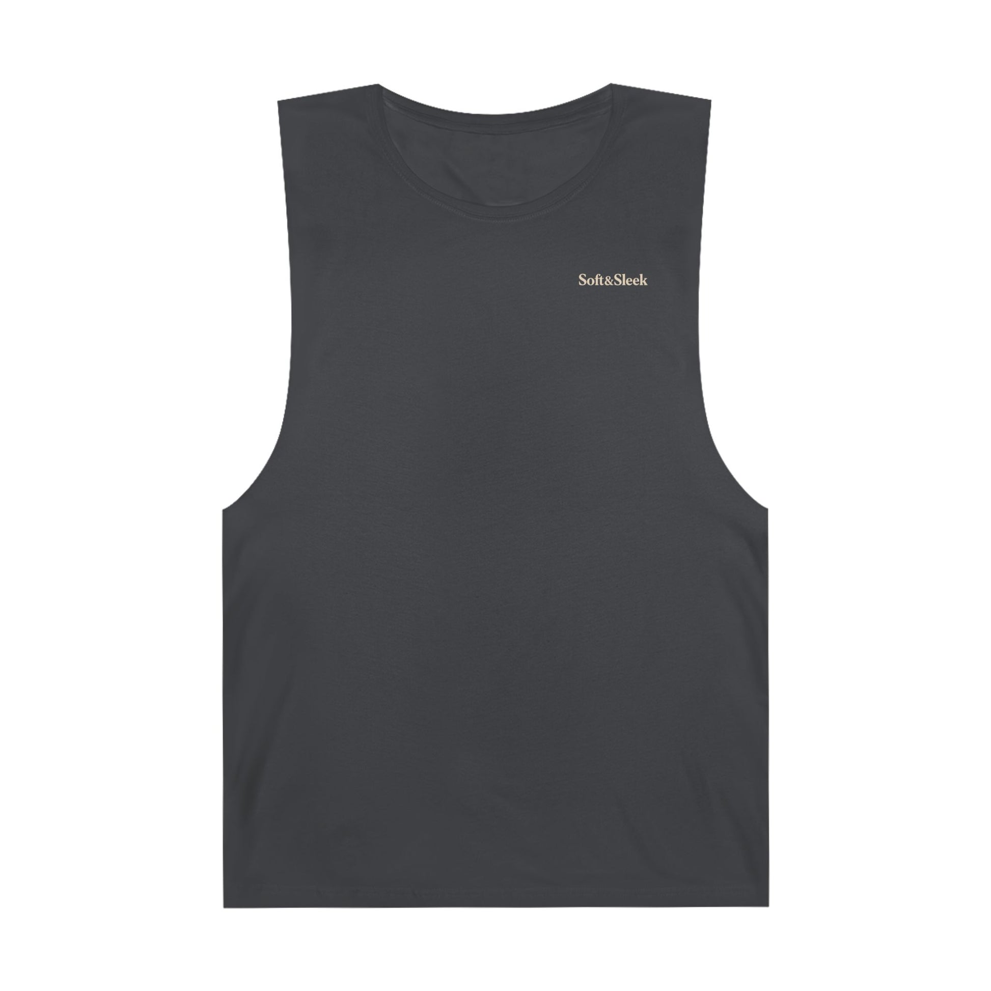 Black sleeveless shirt with a logo on a white background
