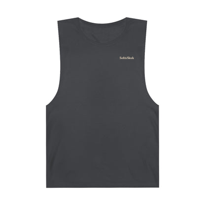 Black sleeveless shirt with a logo on a white background