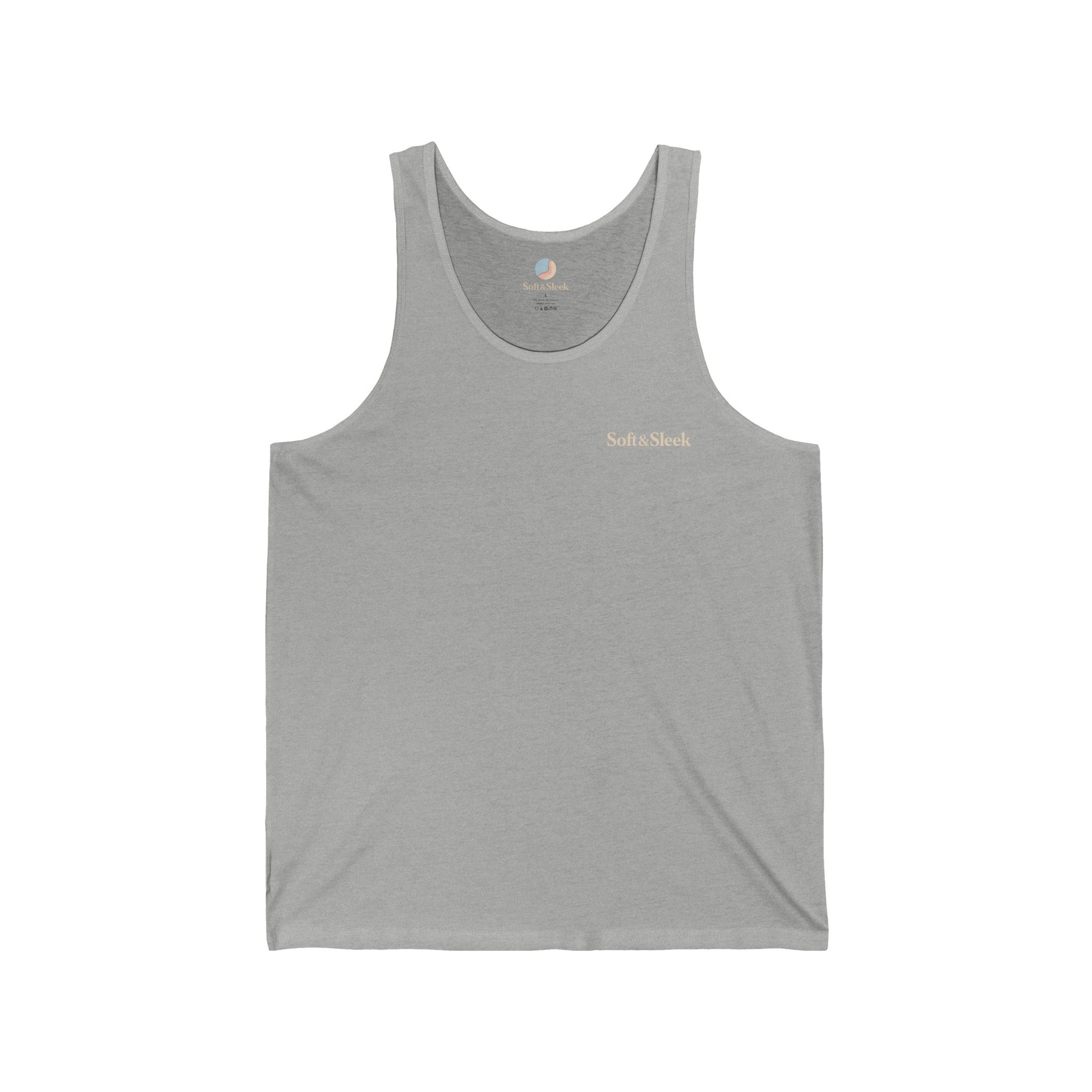 Gray tank top with a brand logo on a white background