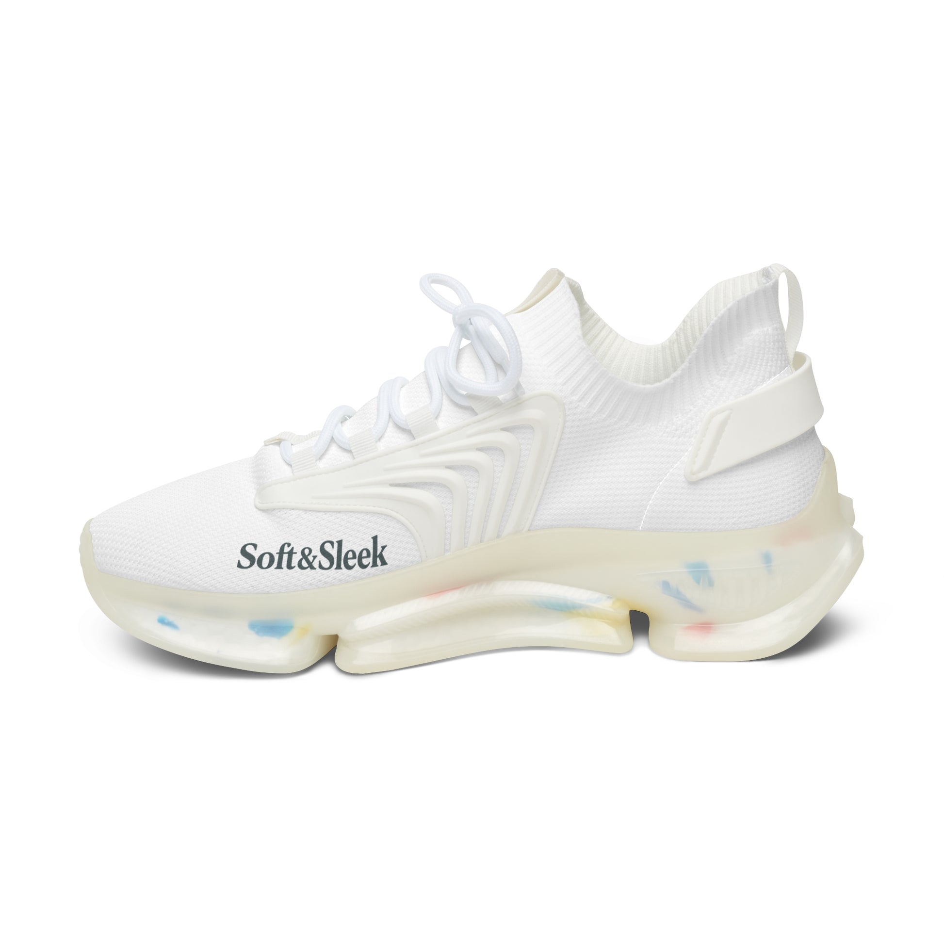White sneaker with 'Soft & Sleek' text on a white background