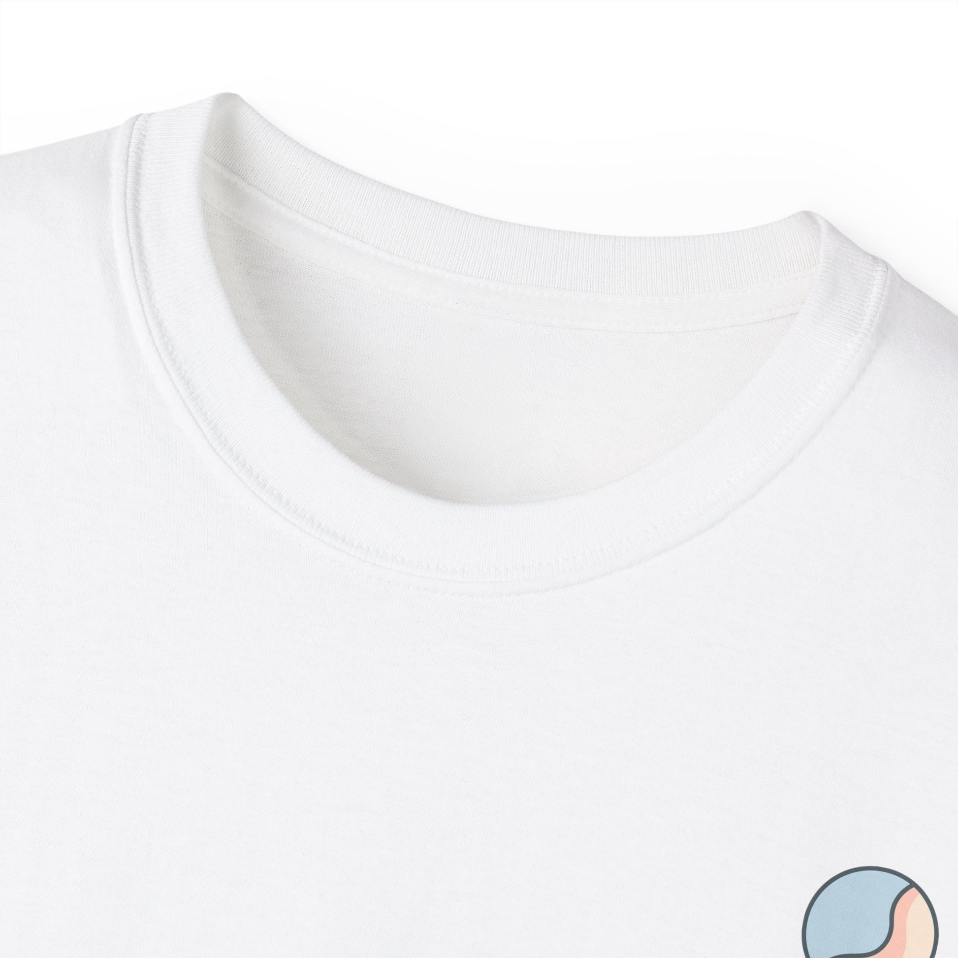 White t-shirt neckline close-up with Soft & Sleek emblem