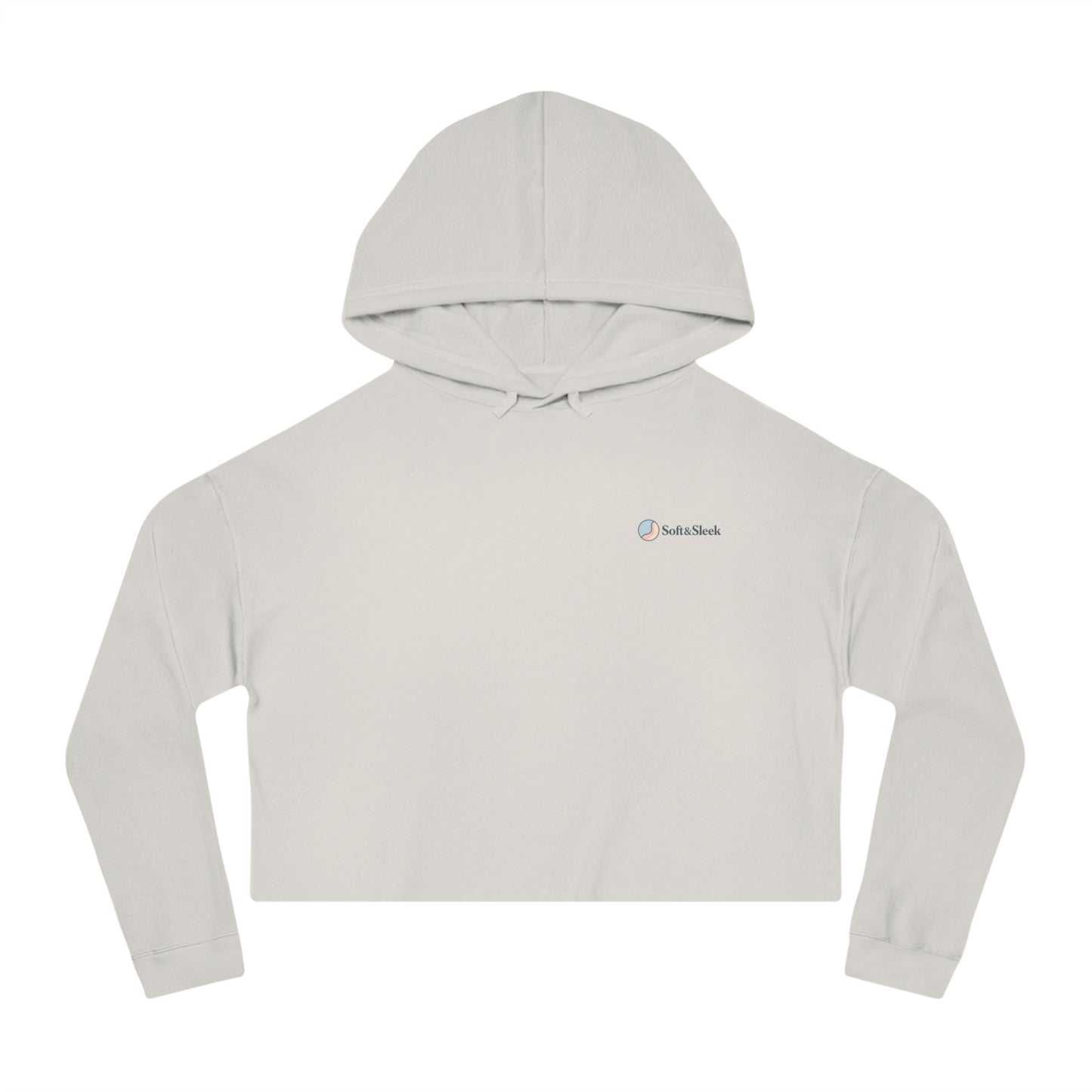 Light gray cropped hoodie with a brand logo on a white background