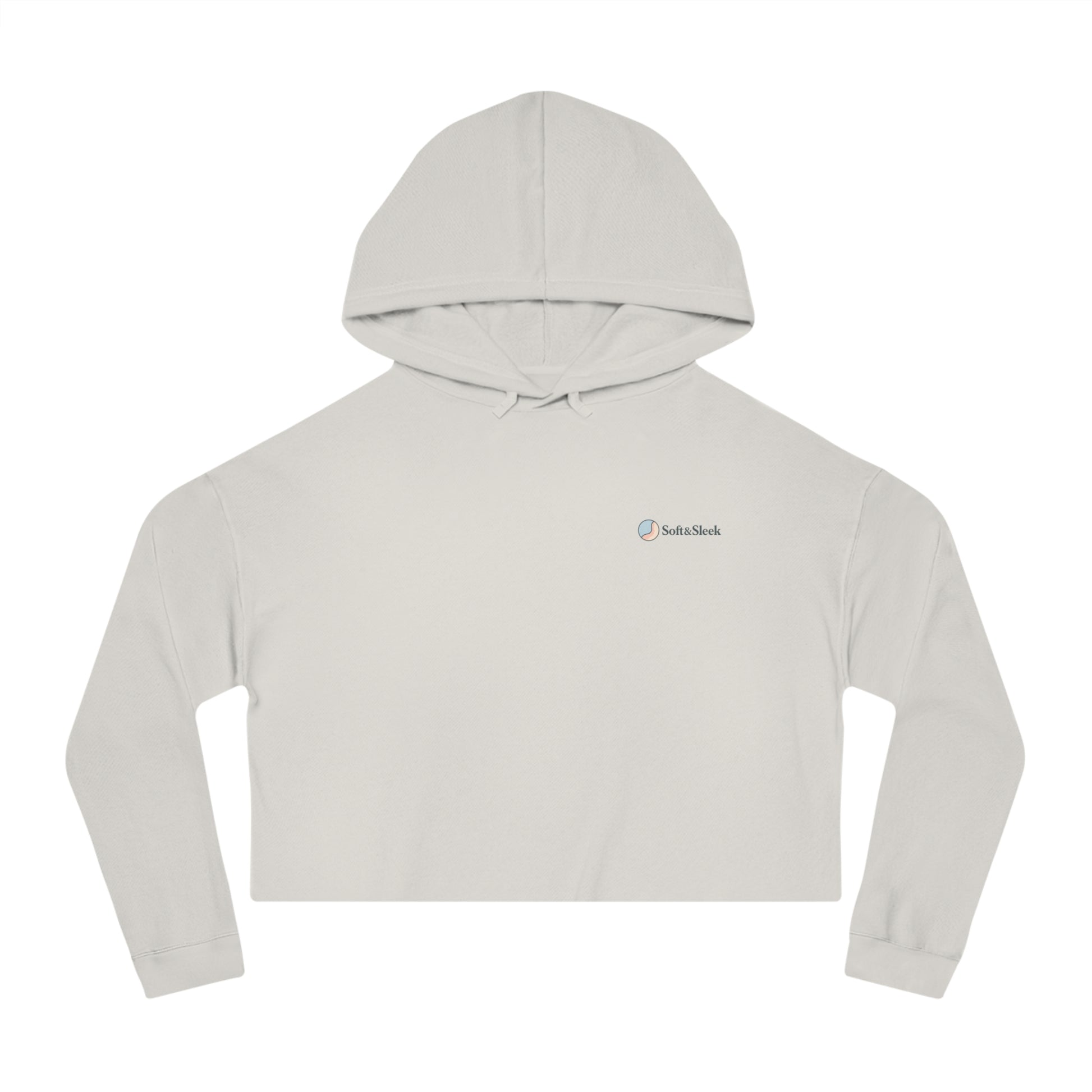 Light gray cropped hoodie with a brand logo on a white background