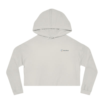 Light gray cropped hoodie with a brand logo on a white background