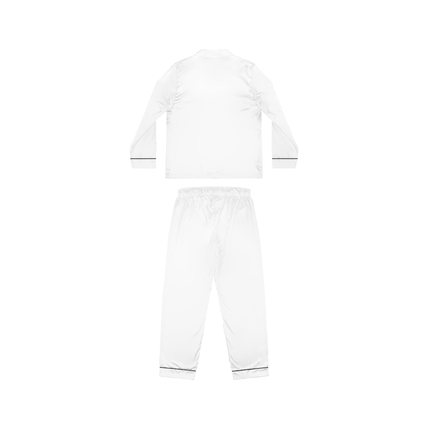 Flat lay back view of Soft & Sleek white satin pyjama set with matching trousers and long-sleeve top.