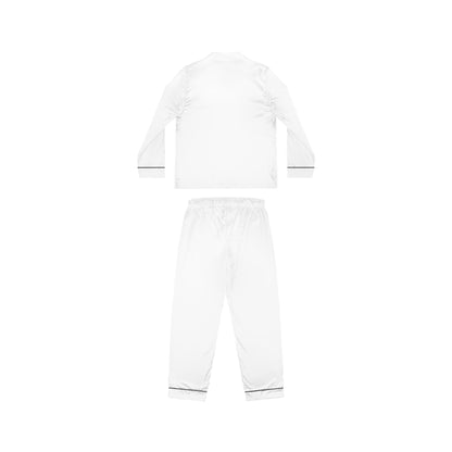 Flat lay back view of Soft & Sleek white satin pyjama set with matching trousers and long-sleeve top.
