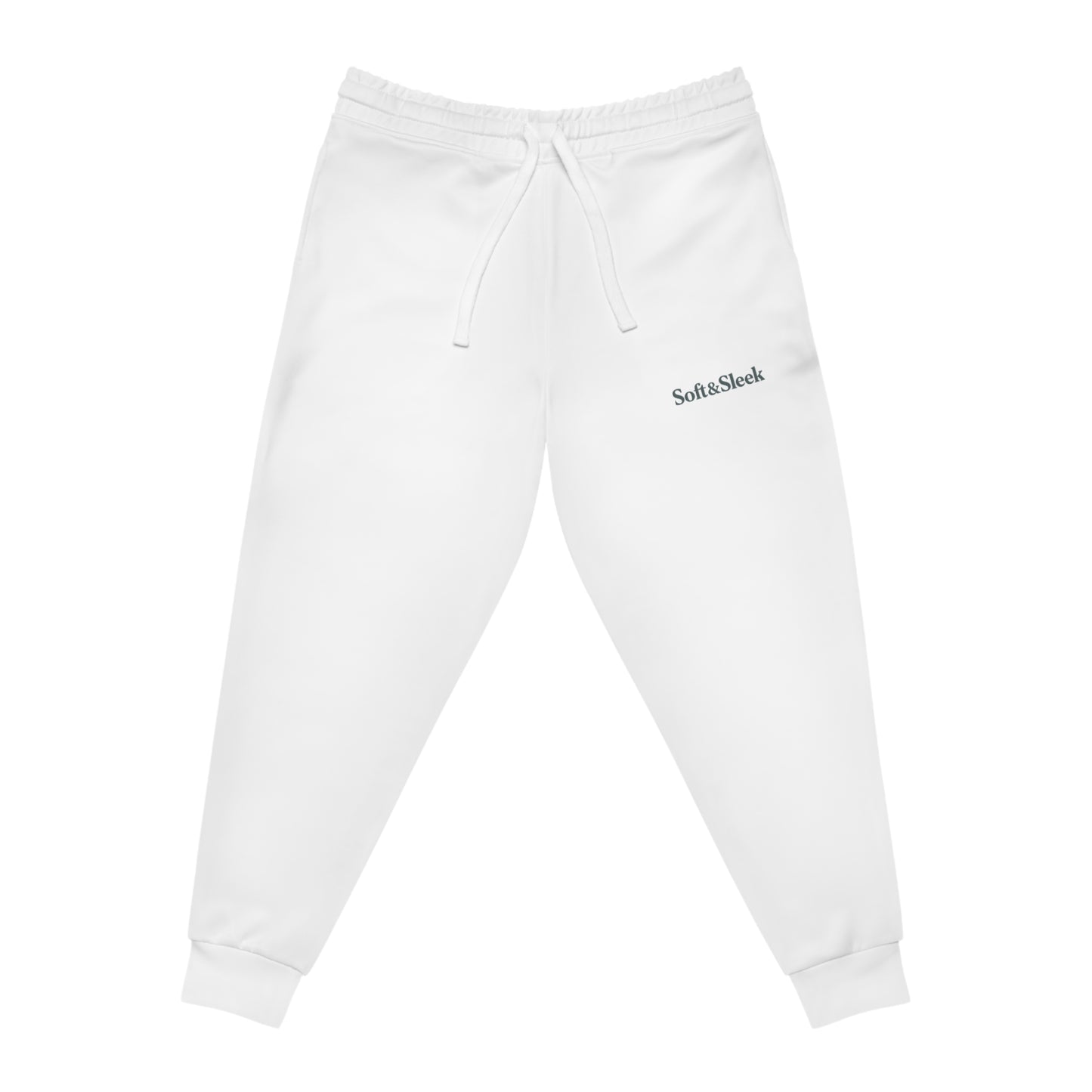 Flat lay front view of white Soft & Sleek joggers with elastic waistband and cuffed ankles, logo on left thigh