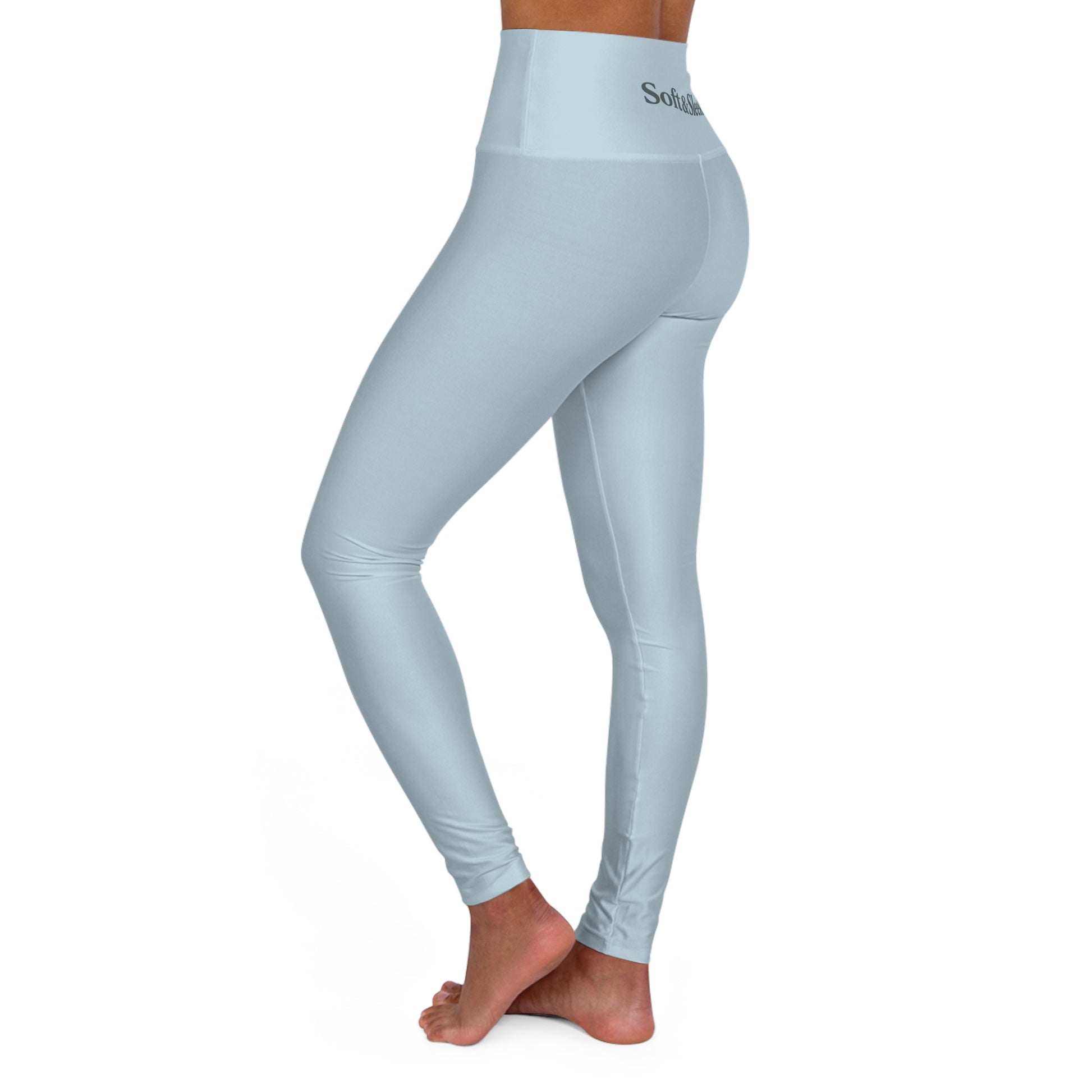 Side view of pastel blue Soft & Sleek leggings showing high-rise fit and sculpting shape