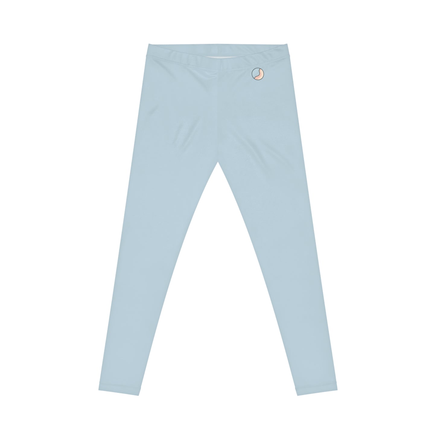 Flat lay rear view of light blue Soft & Sleek leggings with circular emblem near waistband
