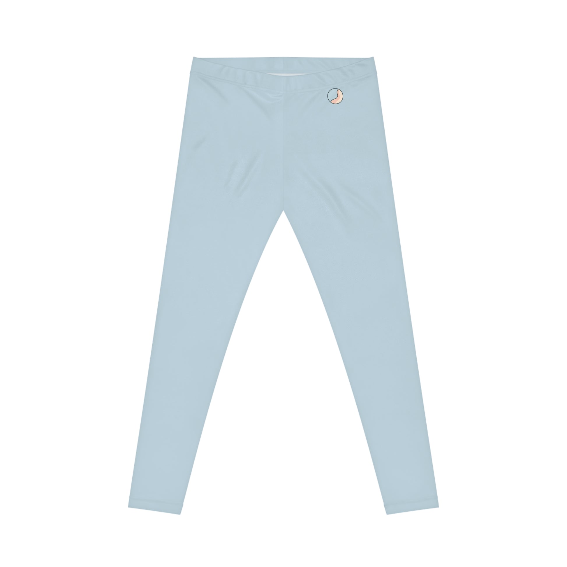 Flat lay rear view of light blue Soft & Sleek leggings with circular emblem near waistband