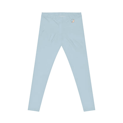 Flat lay rear view of light blue Soft & Sleek leggings with circular emblem near waistband
