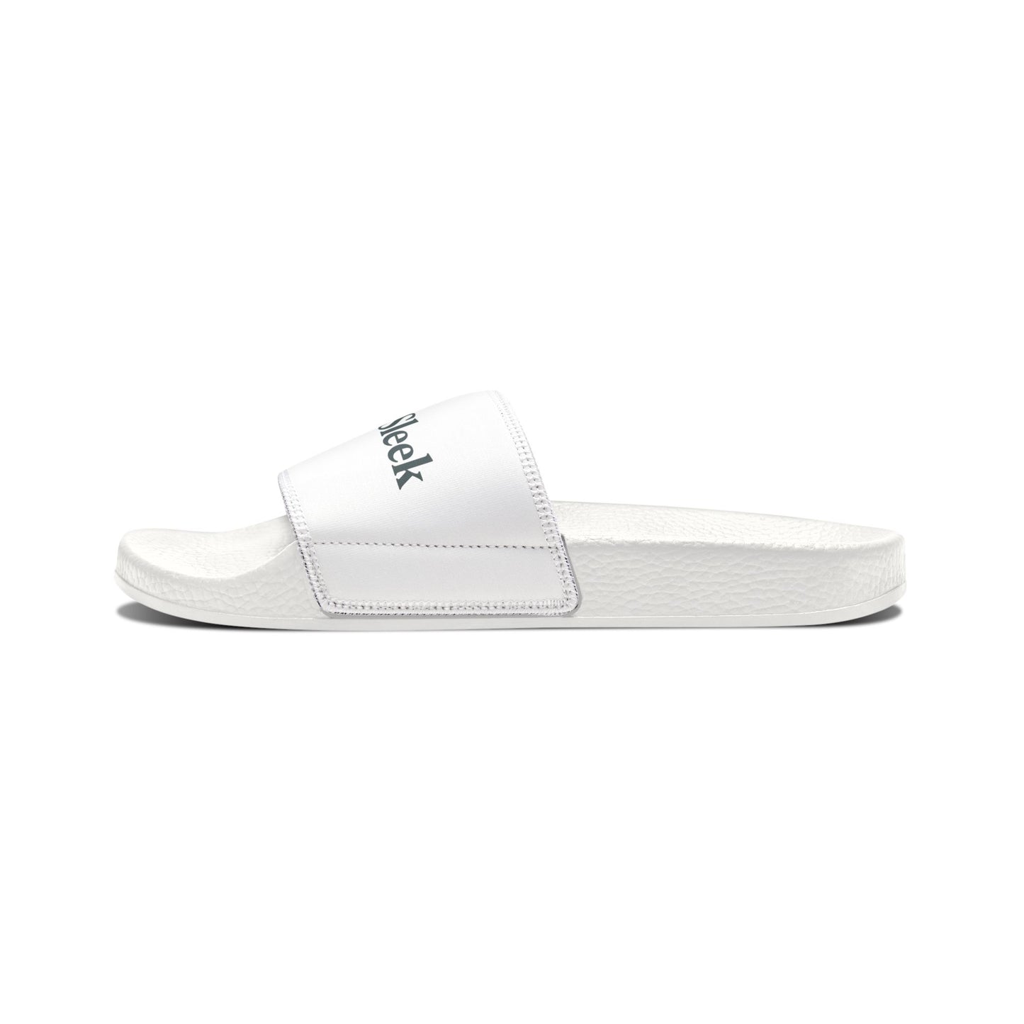 Side profile view of a single white Soft & Sleek slide with black logo on strap, white background