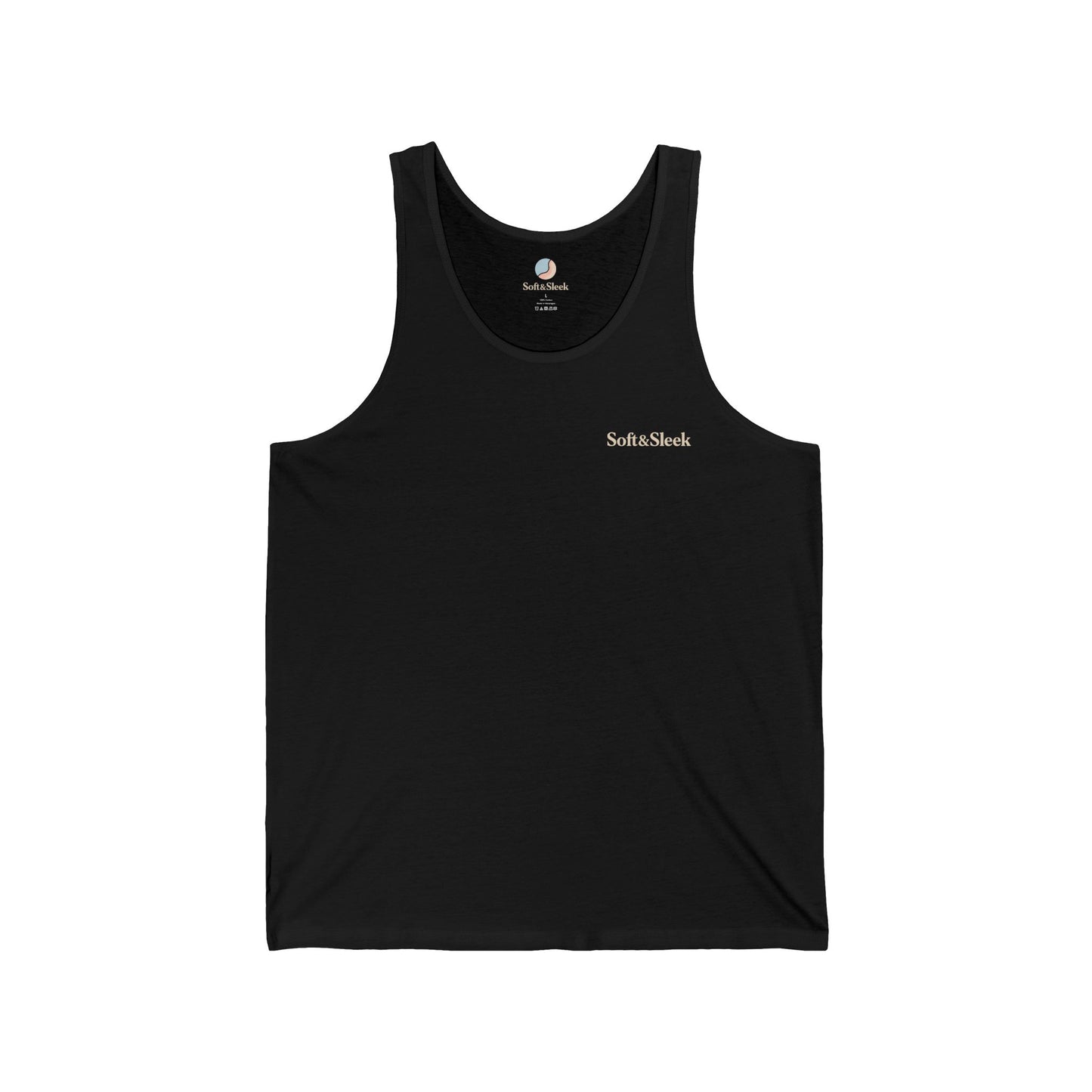 Black tank top with 'Soft & Sleek' logo on a white background