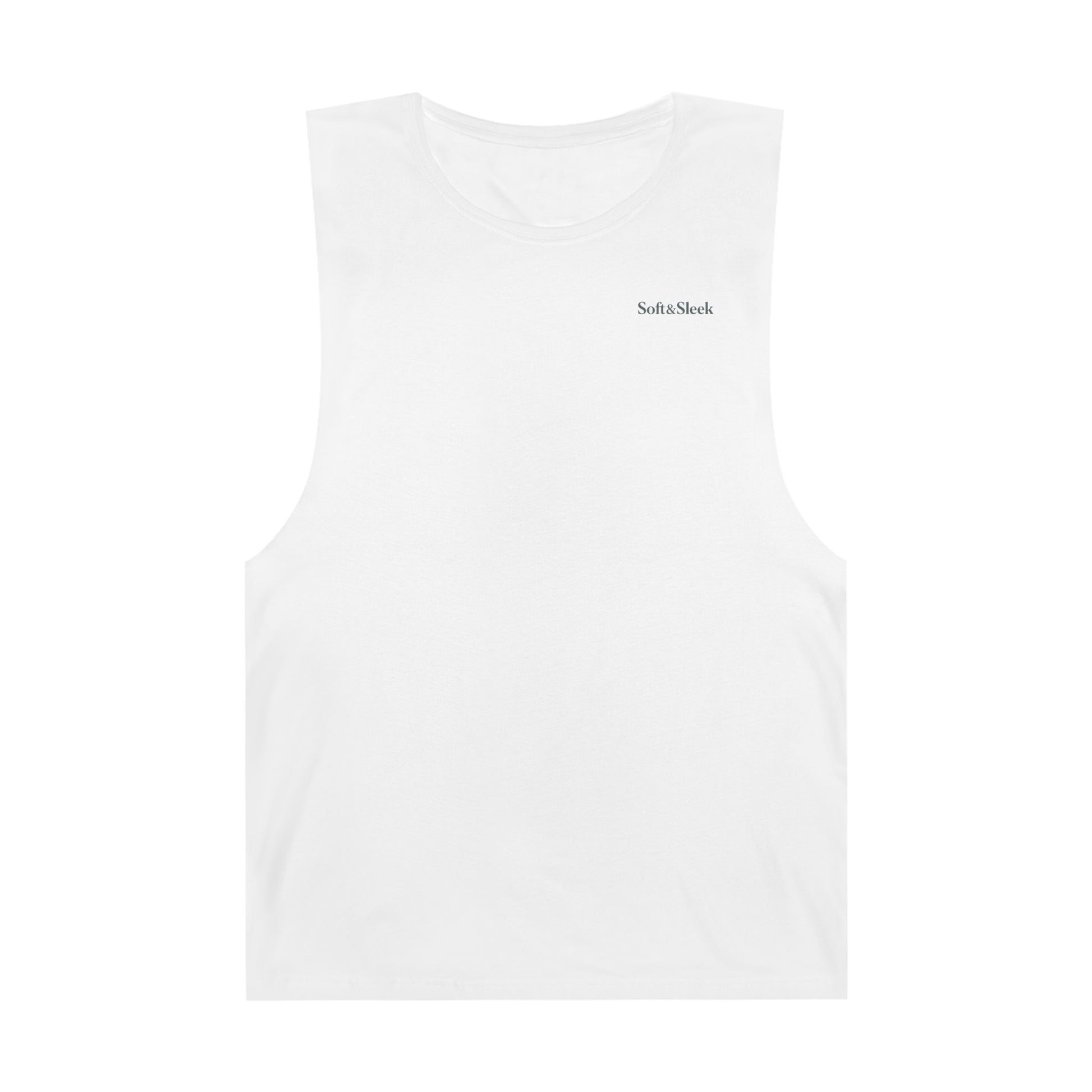 Front-facing flat lay of a white Soft & Sleek sleeveless top with logo detail.