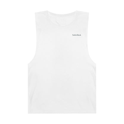 Front-facing flat lay of a white Soft & Sleek sleeveless top with logo detail.
