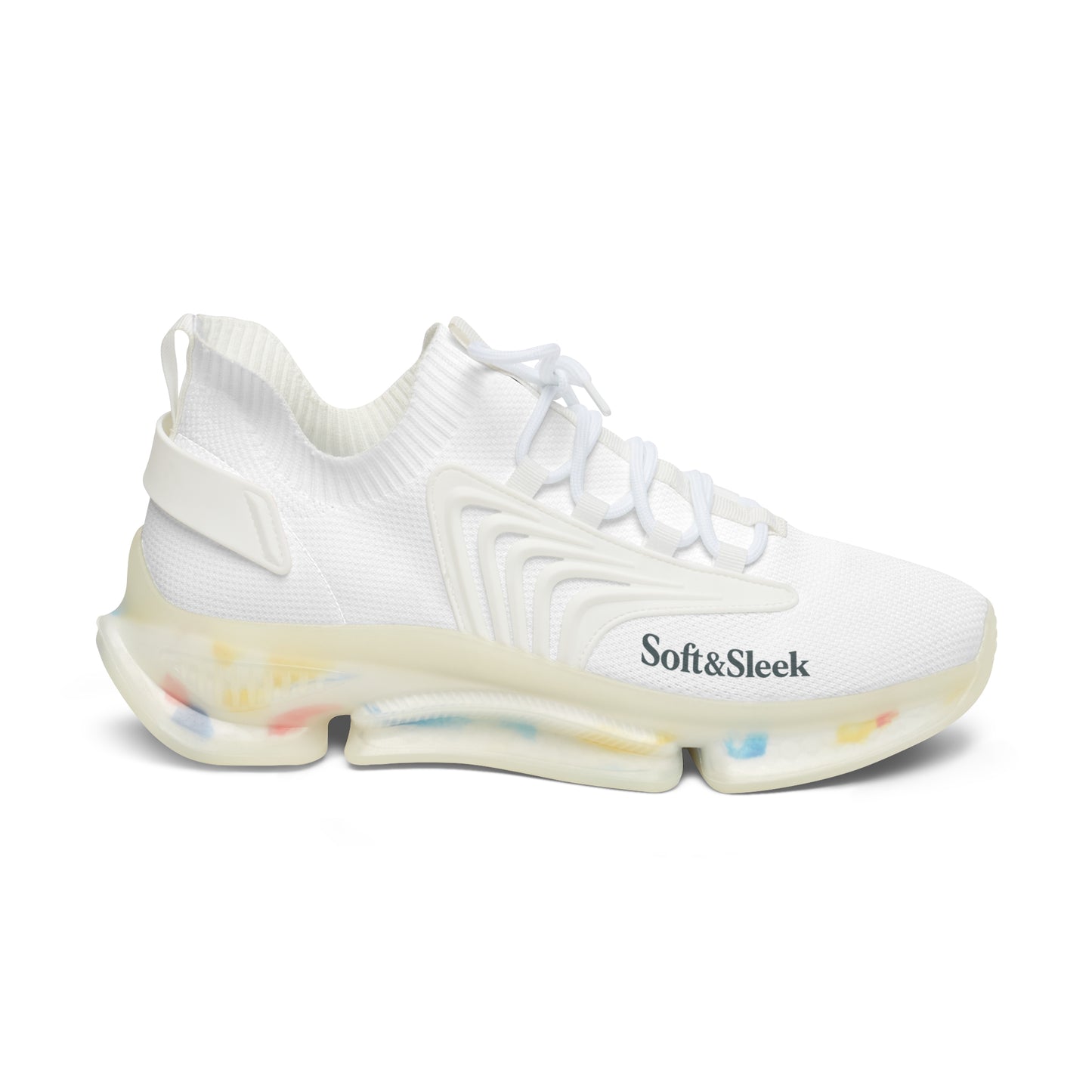 White sneaker with 'Soft & Sleek' text on a white background