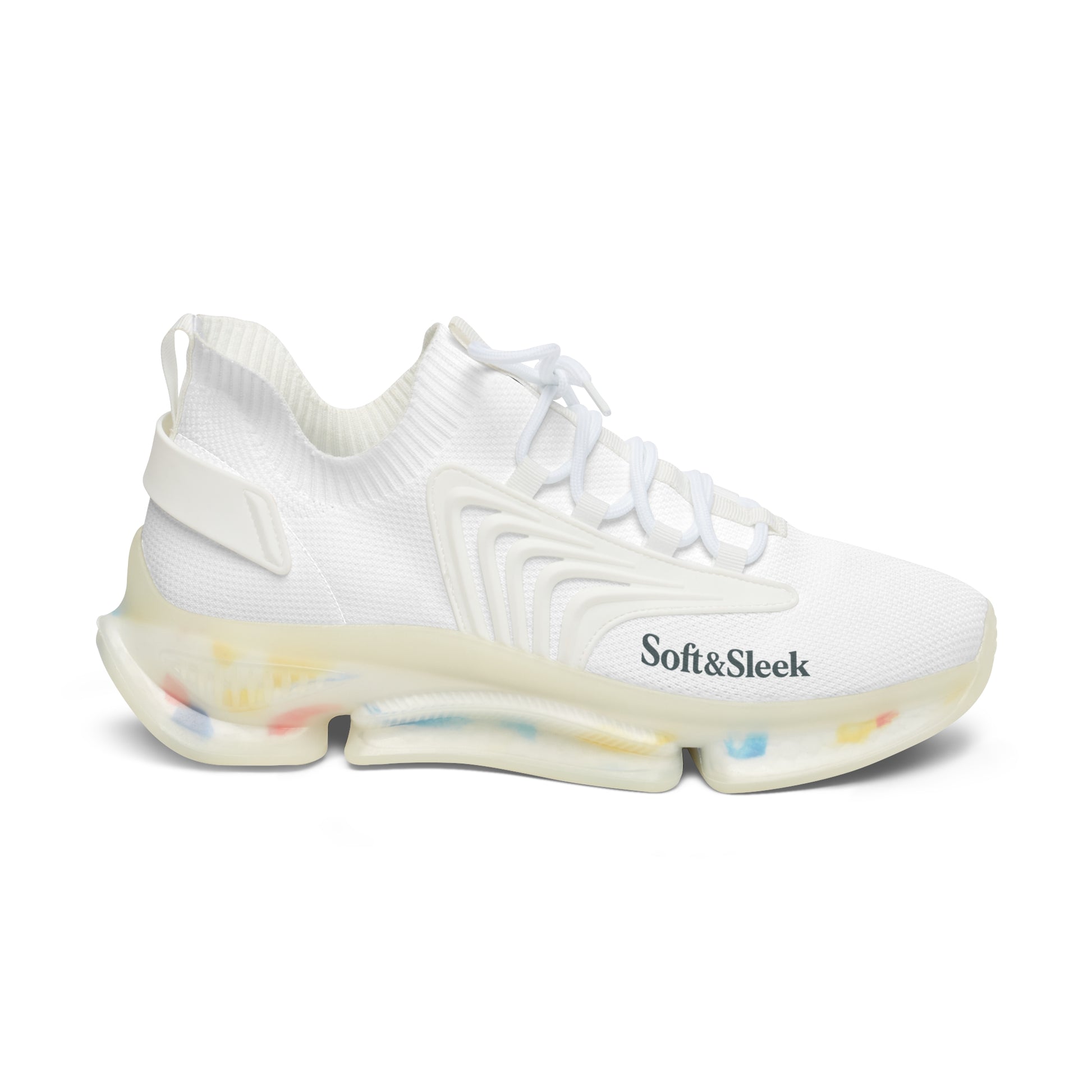 White sneaker with 'Soft & Sleek' text on a white background