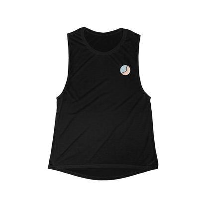 Flat lay front view of black Soft & Sleek tank top with rounded hem and chest emblem.