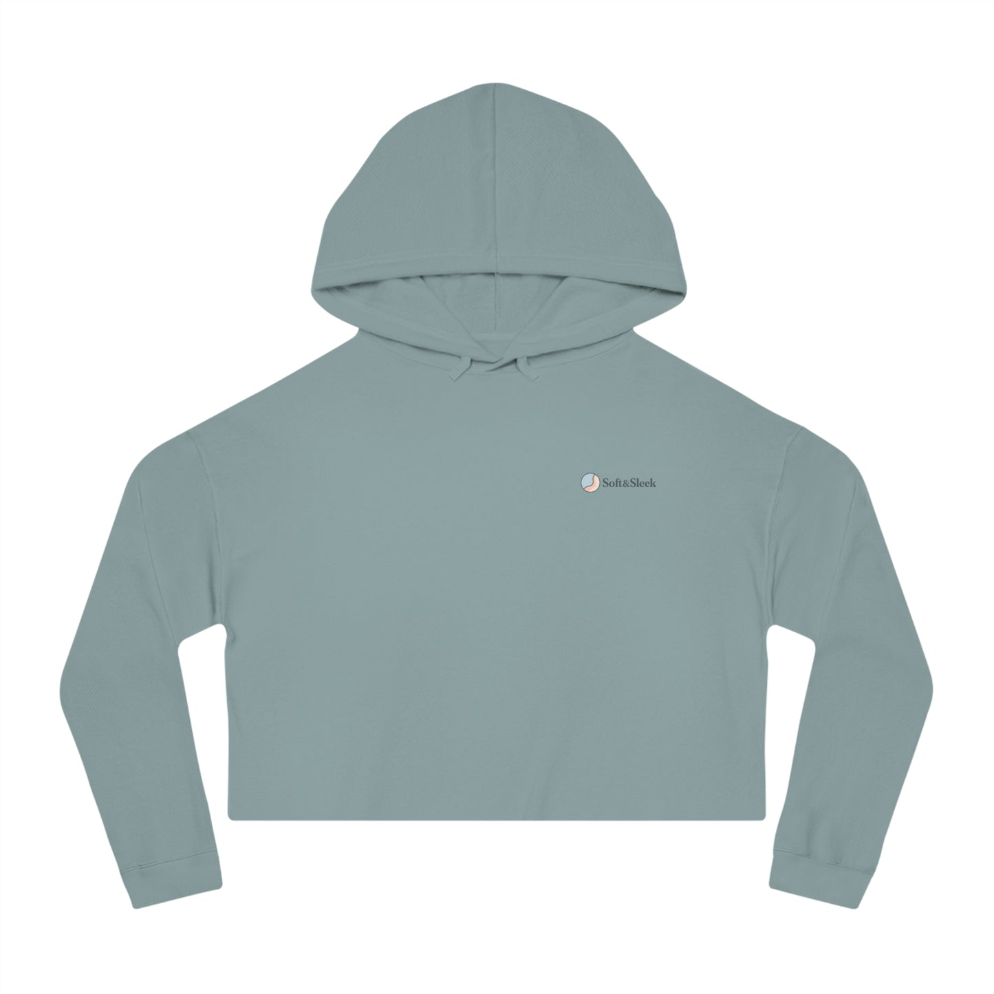 Light green cropped hoodie with a brand logo on a white background