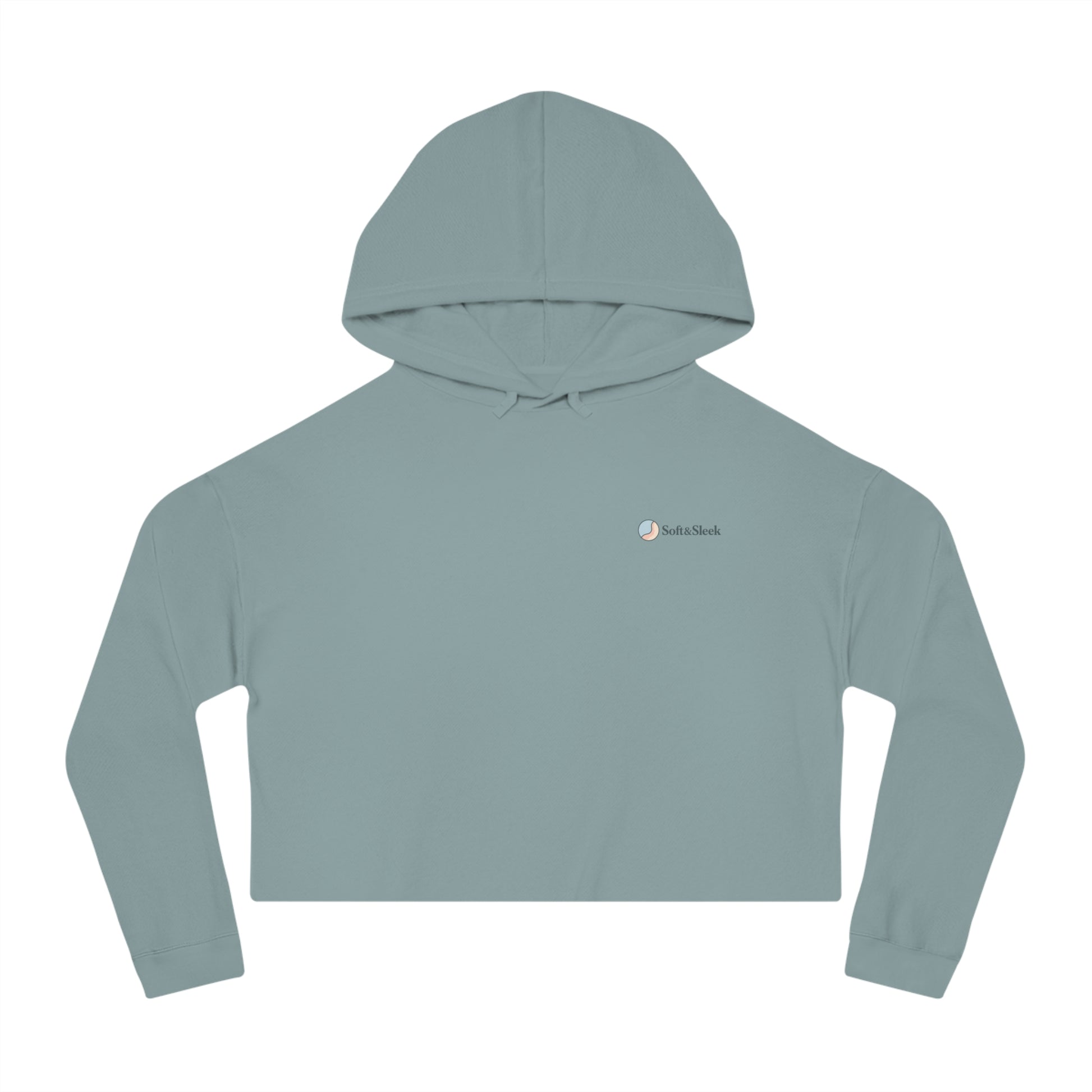Light green cropped hoodie with a brand logo on a white background