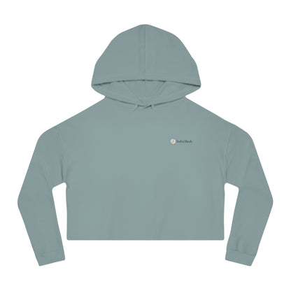 Light green cropped hoodie with a brand logo on a white background
