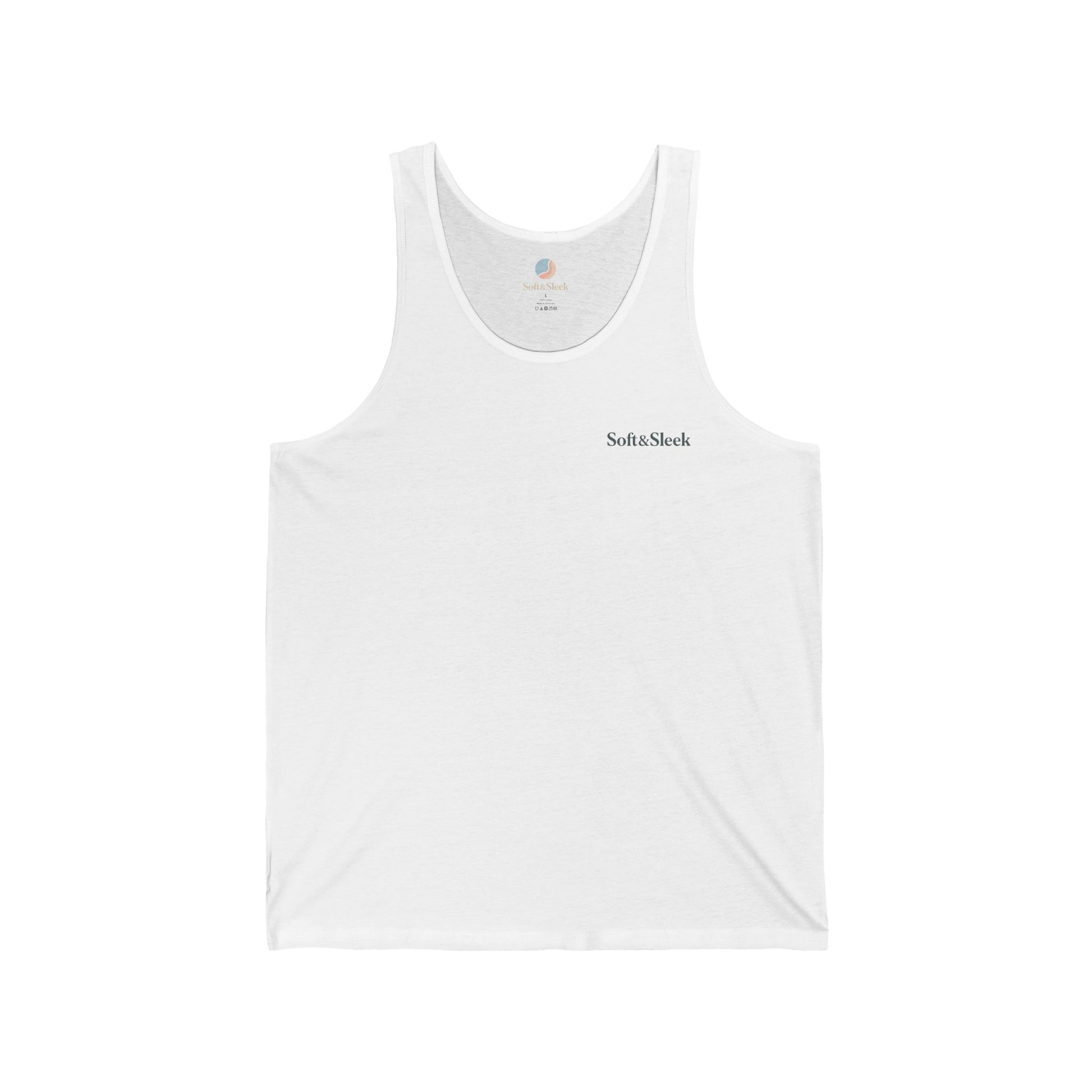 White tank top with 'Soft & Sleek' logo on a white background