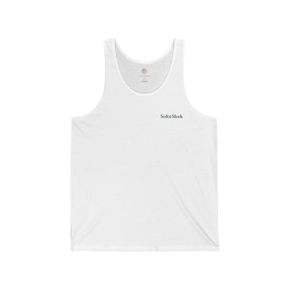 White tank top with 'Soft & Sleek' logo on a white background