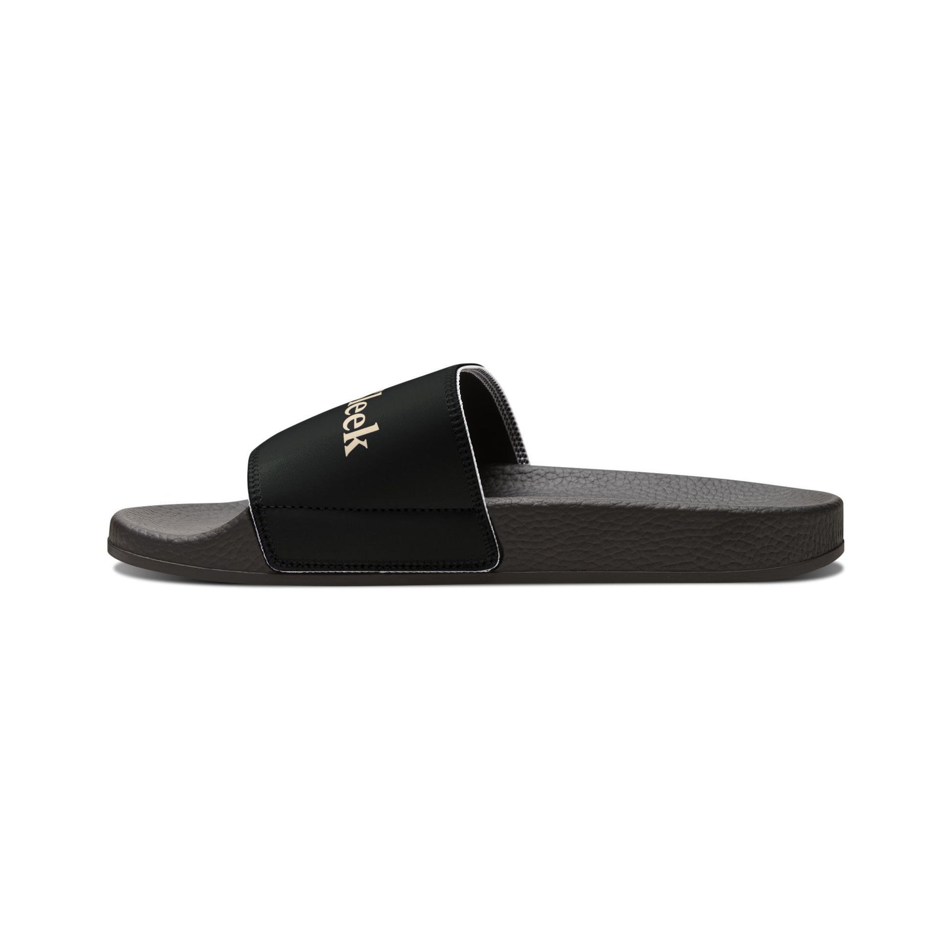 Opposite side profile view of the same black slide showing the footbed and strap angle