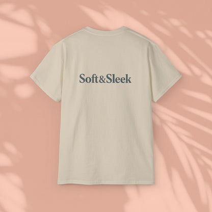 Beige Soft & Sleek t-shirt with logo on back, peach background