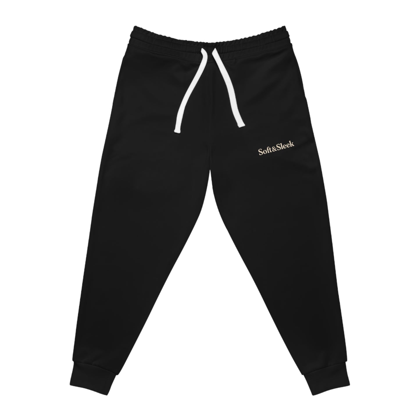 Flat lay front view of black Soft & Sleek joggers with cuffed ankles and visible drawstring.