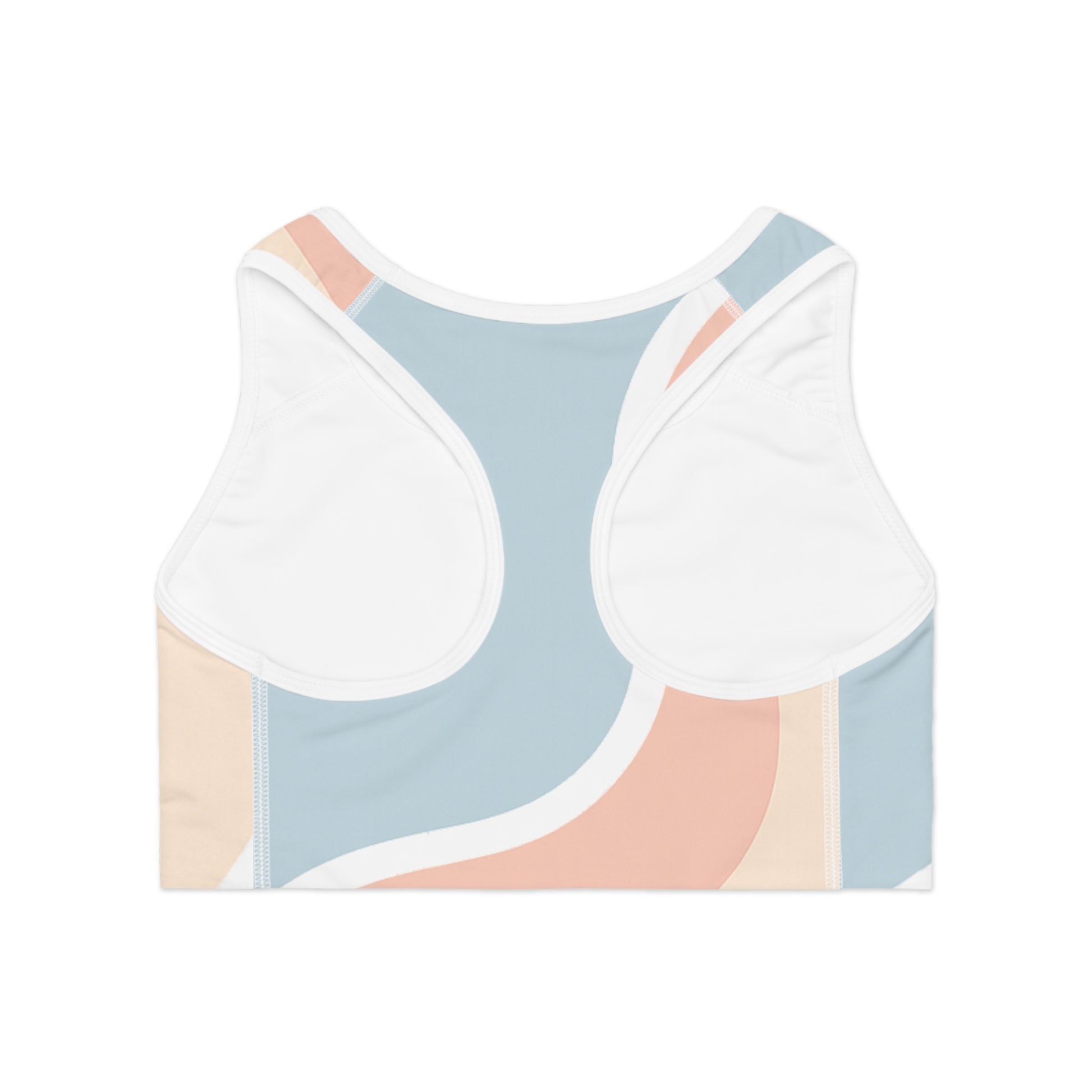 Flat lay rear view of multicolour Soft & Sleek sports bra showing racerback straps and white inner lining