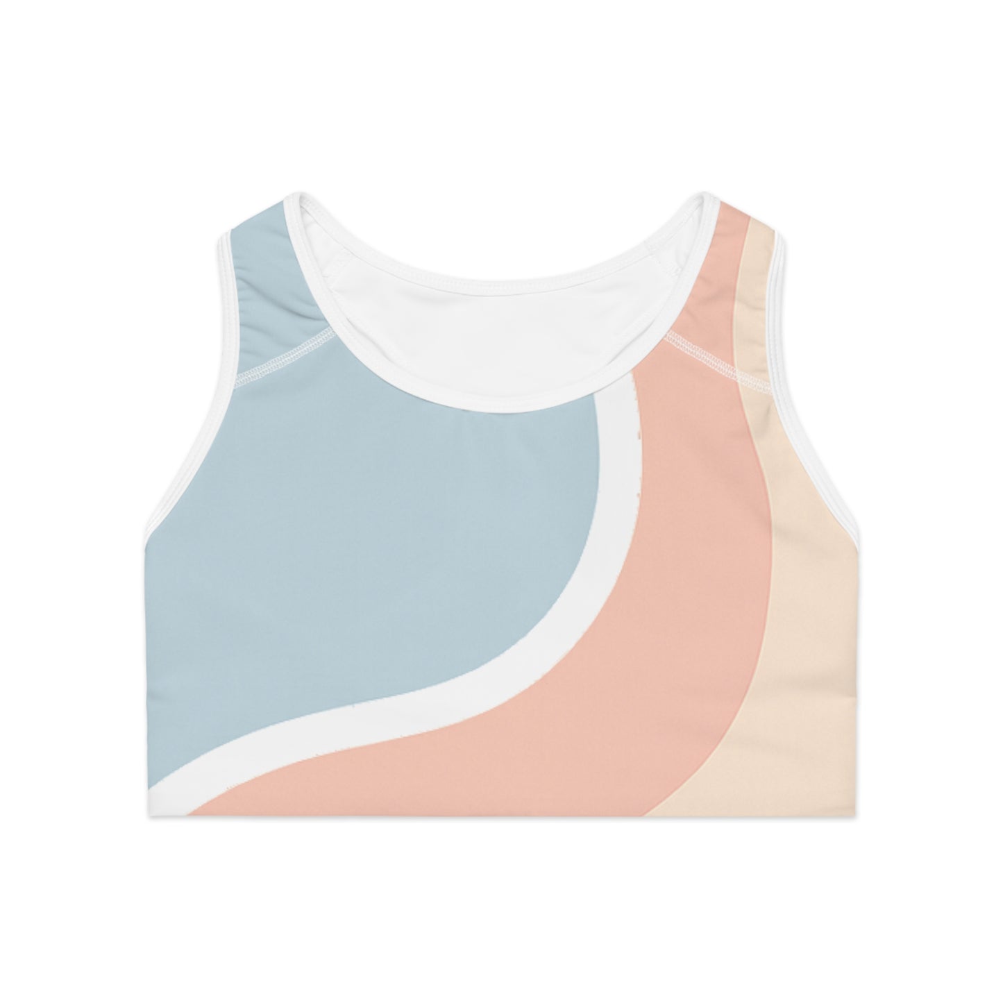 Flat lay front view of multicolour Soft & Sleek sports bra with abstract pastel wave pattern