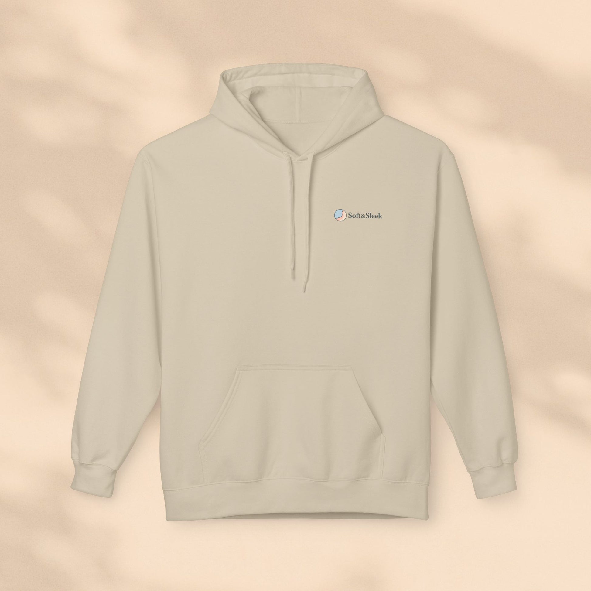 Beige hoodie with a brand logo on a beige background
