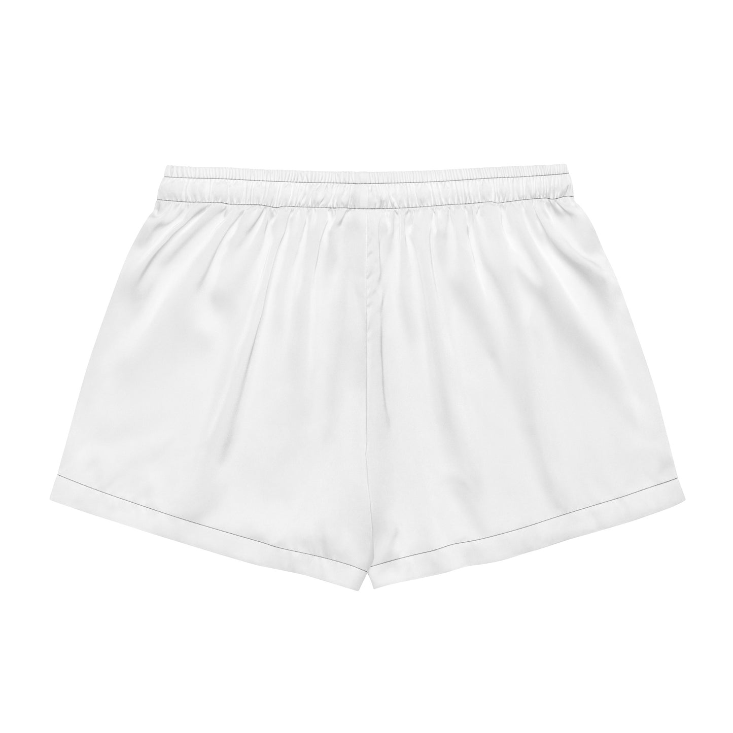 Flat lay rear view of white Soft & Sleek shorts showing elastic waistband and clean seam lines.