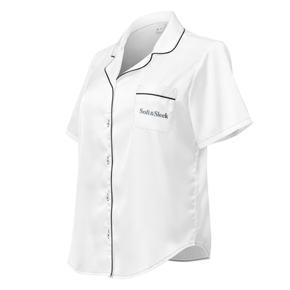 Angled product view of the white Soft & Sleek short-sleeve pyjama shirt on a white background.