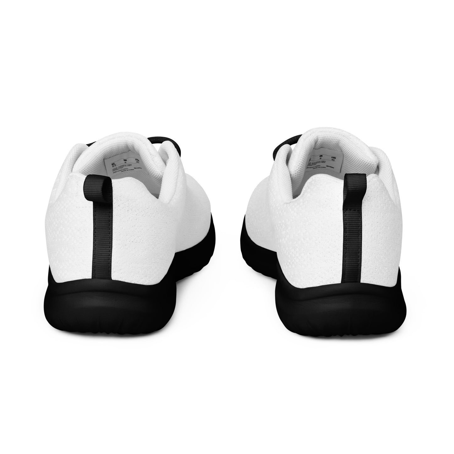  Rear view of a pair of white Soft & Sleek sneakers with black soles.
