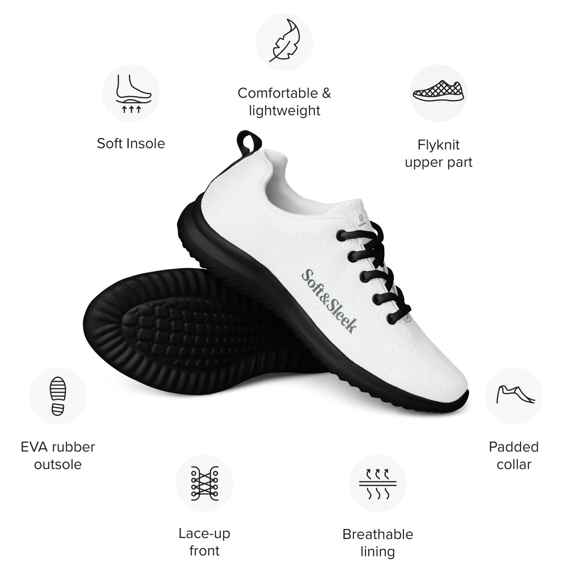 White Soft & Sleek sneaker with black sole shown with text pointing out features like comfort, grip, and lining.