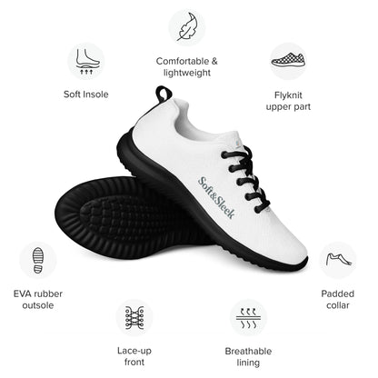 White Soft & Sleek sneaker with black sole shown with text pointing out features like comfort, grip, and lining.