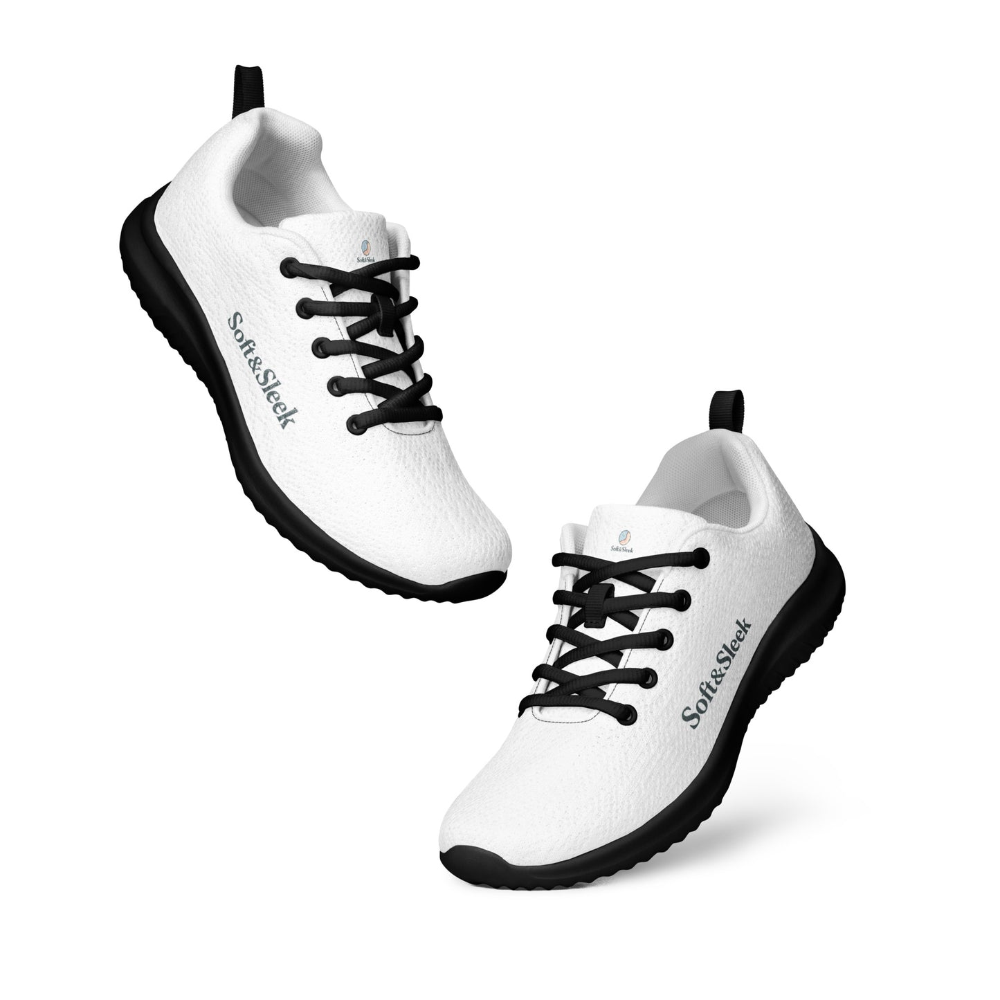 Close-up of the rear and side of a white Soft & Sleek sneaker pair with black soles and visible tags.