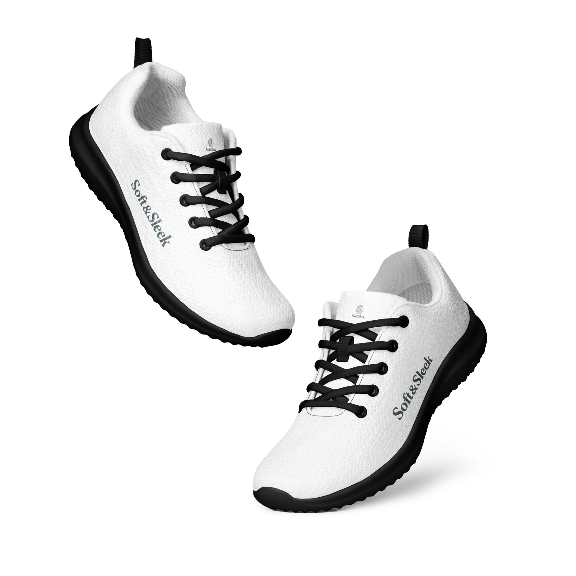 Close-up of the rear and side of a white Soft & Sleek sneaker pair with black soles and visible tags.