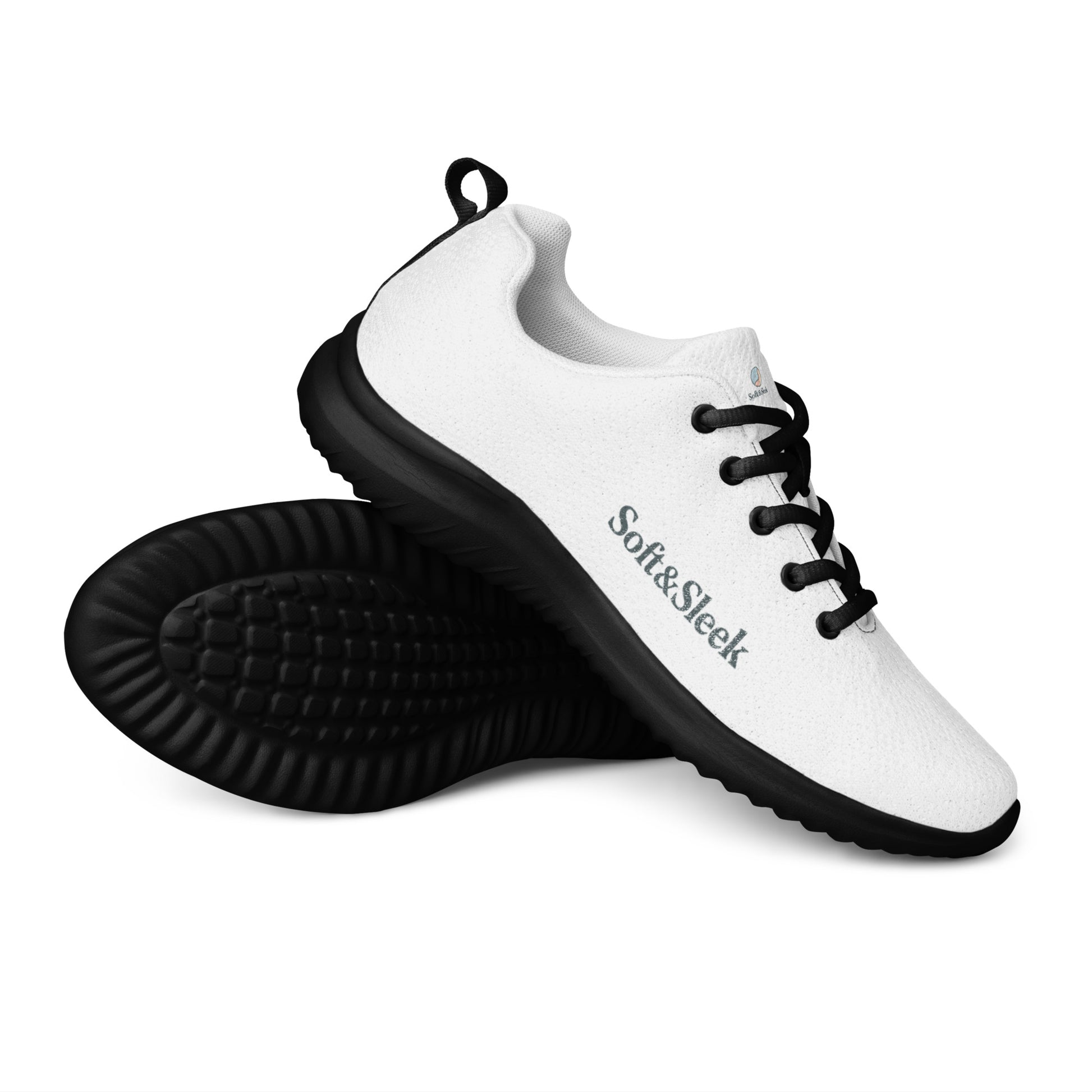Angled view of a single white Soft & Sleek sneaker with black sole and black laces, showing side profile.