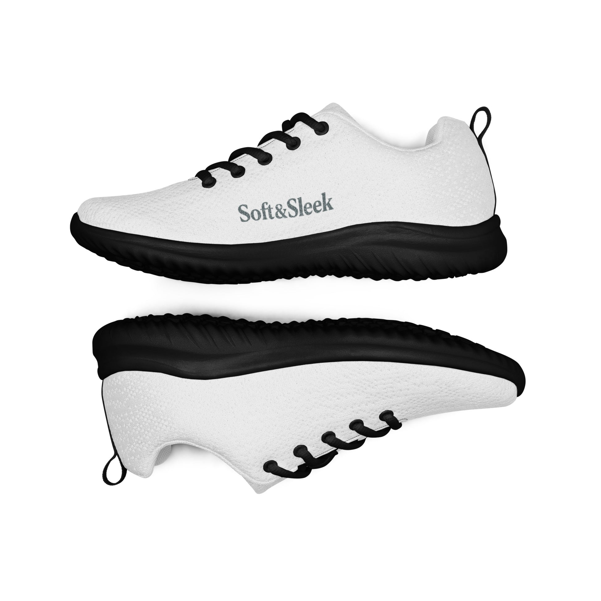 Top-down view of white Soft & Sleek sneakers with black laces and black soles, placed side by side.