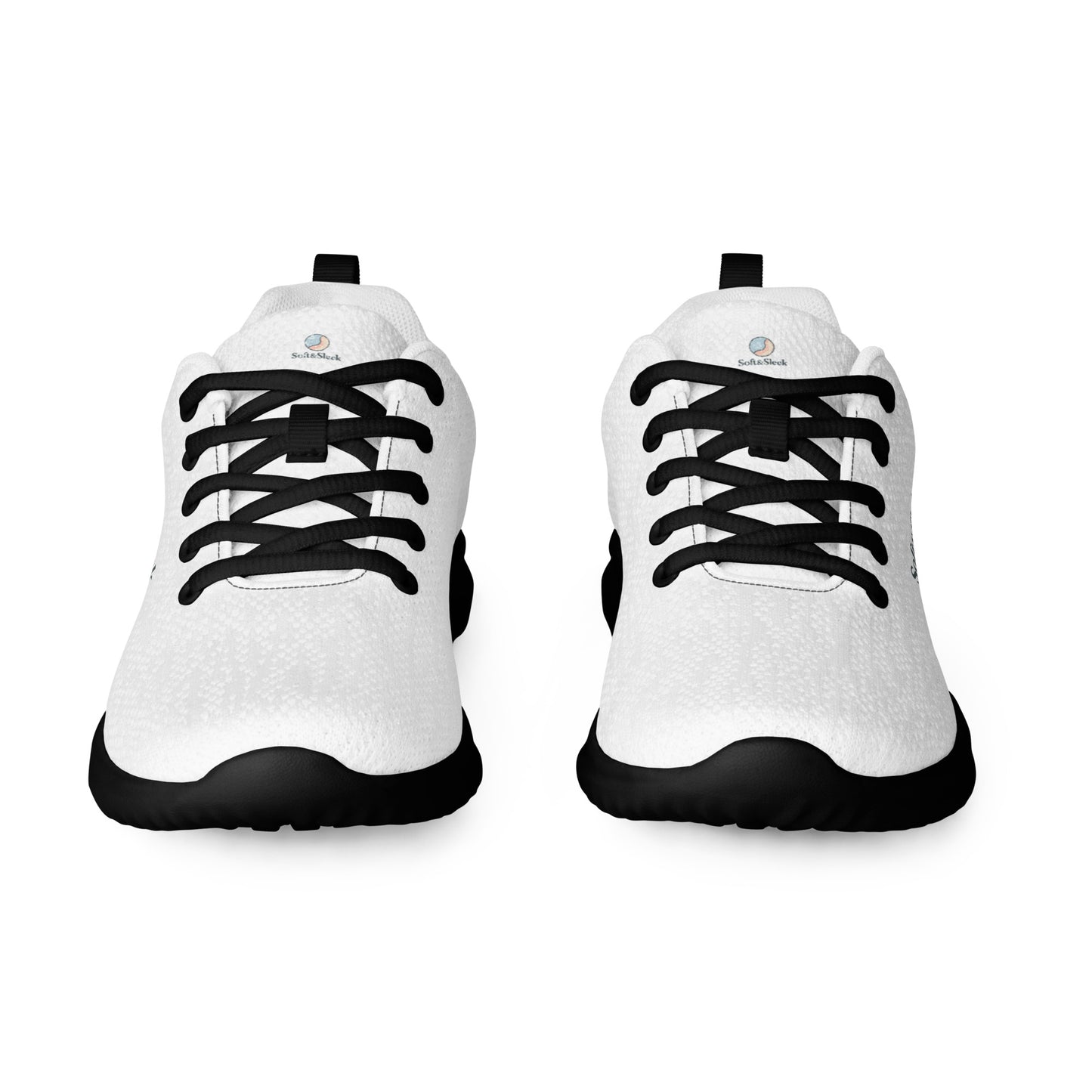 Front view of a white Soft & Sleek sneaker pair with black soles and black laces on a white background.
